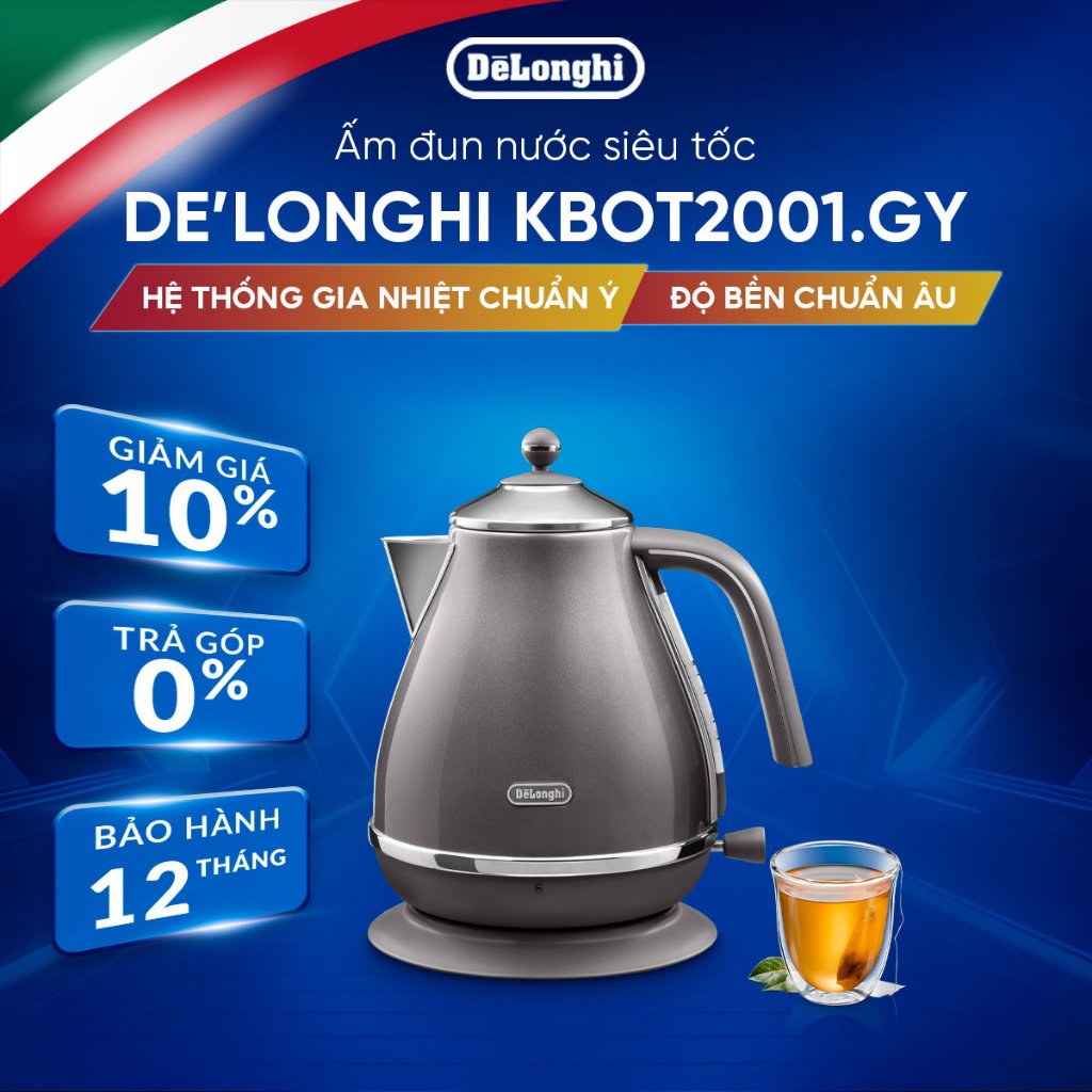 Ấm đun nước siêu tốc DeLonghi KBOT2001.GY - 1.7 lít, màu be/xám