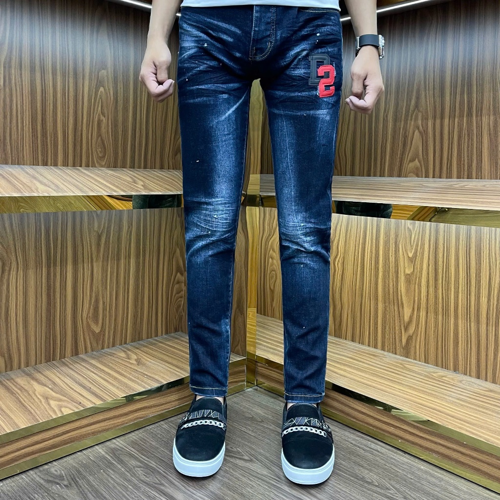 quần jeans nam xanh trơn thêu đùi d2 đỏ đen