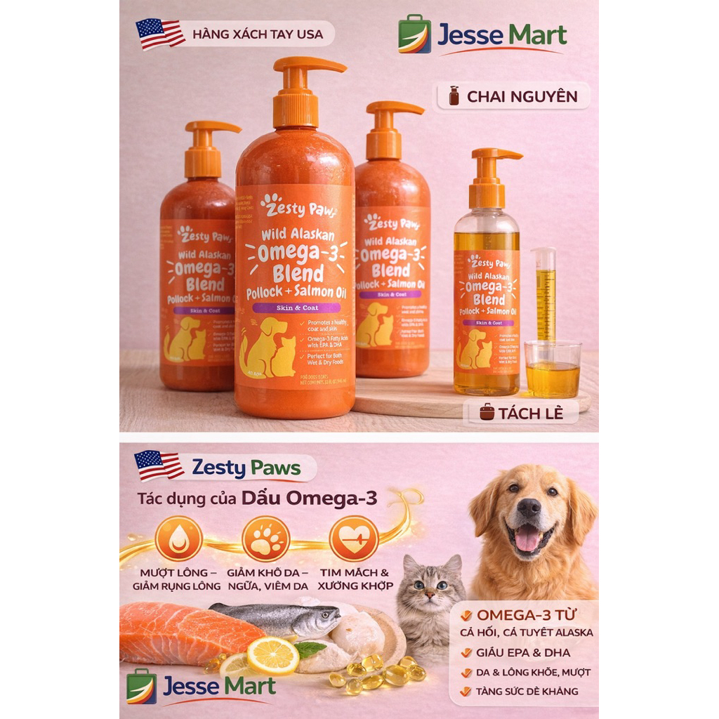 Zesty Paws Wild Alaskan Omega-3 Blend – Dầu cá hồi & cá tuyết cho chó mèo (USA)