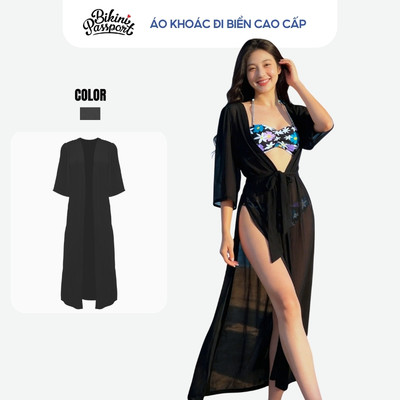 Áo khoác đi biển cao cấp Bikini Passport kiểu xẻ tà, dài tay - Đen - VC012_BL