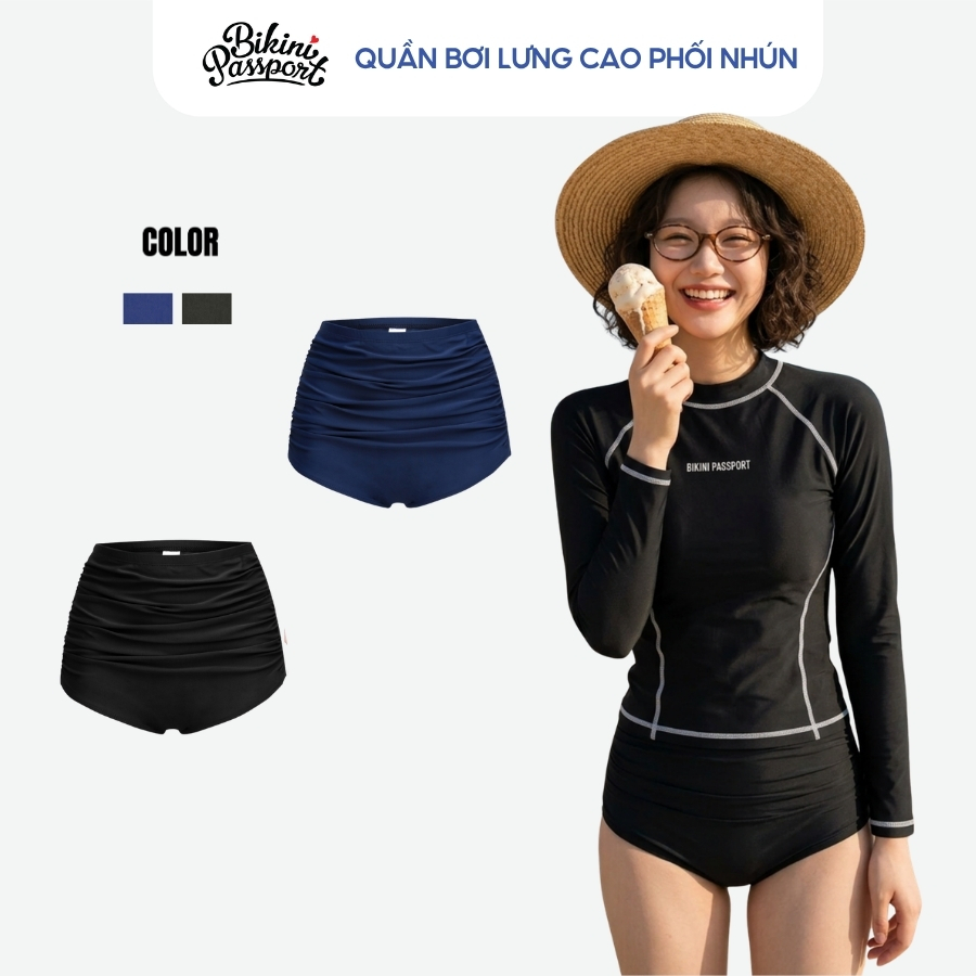 Quần bơi Nữ BIKINI PASSPORT kiểu Quần Lưng cao nhún trước - BSV234_BL