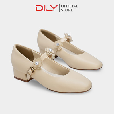 Giày cao gót DILY quai ngang đính hoa trẻ trung, gót vuông cao 3.5cm DL0630