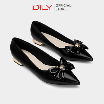 Giày búp bê DILY mũi nhọn phối nơ sang trọng, gót ánh vàng cao 2cm DL0633