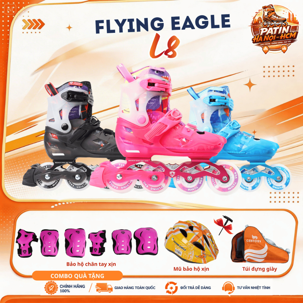 Giày patin trẻ em Flying Eagle L8 8 bánh đèn, bánh cao su đặc, càng hợp kim nhôm chịu lực dưới 80kg 