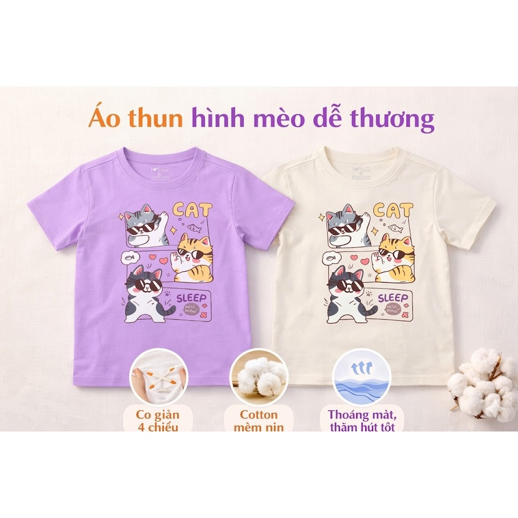 Áo Thun Bé Gái Hqlens Ngắn Tay In Hình Mèo , Chất Cotton 4 Chiều Co Giãn Thấm Hút Mồ Hôi (Size 6-12)