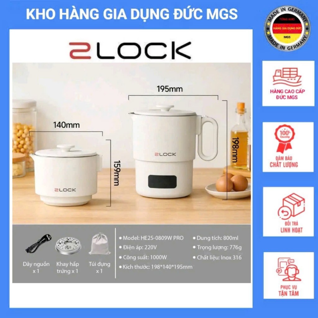 Ca Nấu Mì Đa Năng Gấp Gọn 2Lock Korea 0.8L, Đun Nước, Hãm Trả Nấu Mì, Luộc Trứng