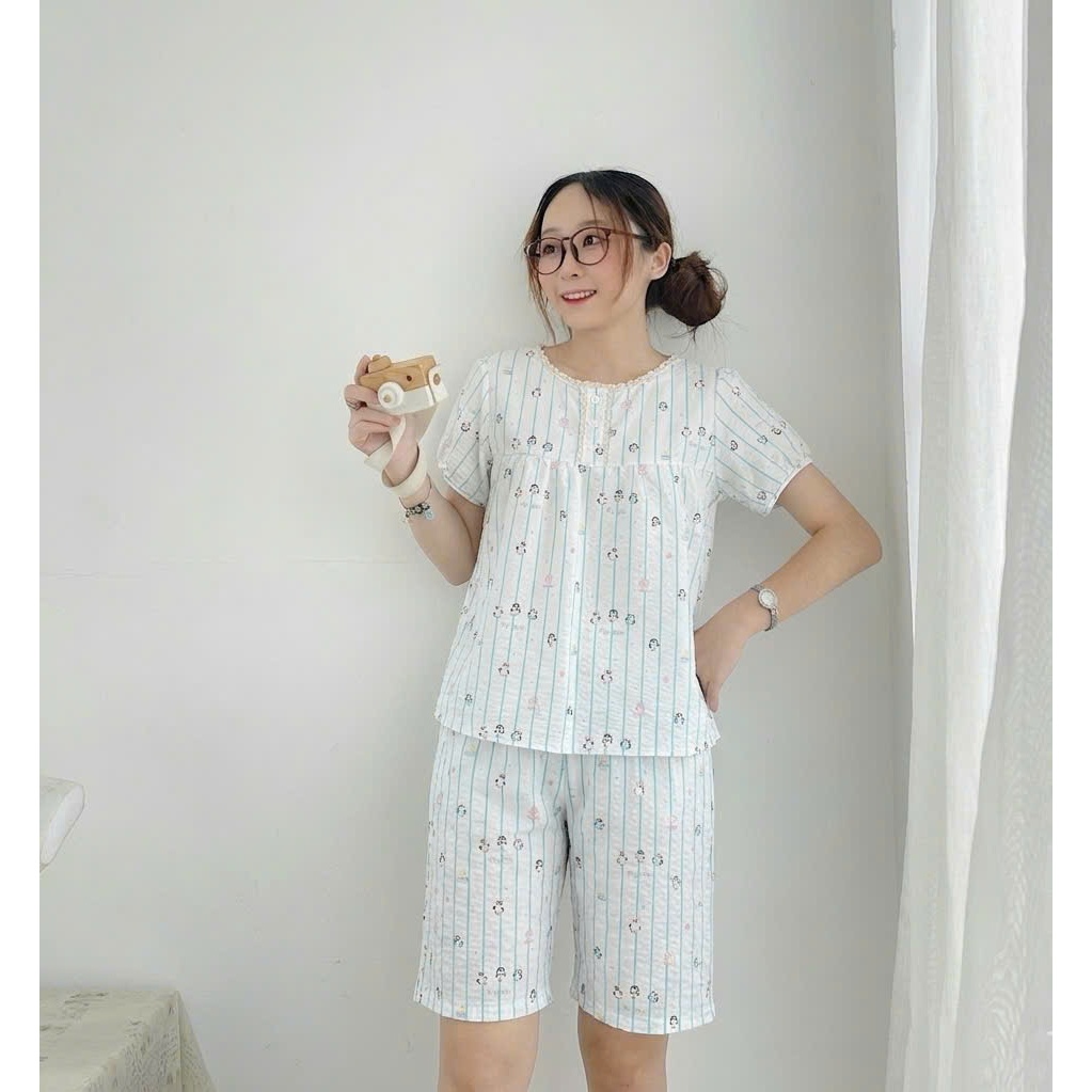 Bộ đồ ngủ mặc nhà nữ quần lửng áo cộc tay cổ sen chất Cotton, Lụa Mango, Đũi, Kate đủ size