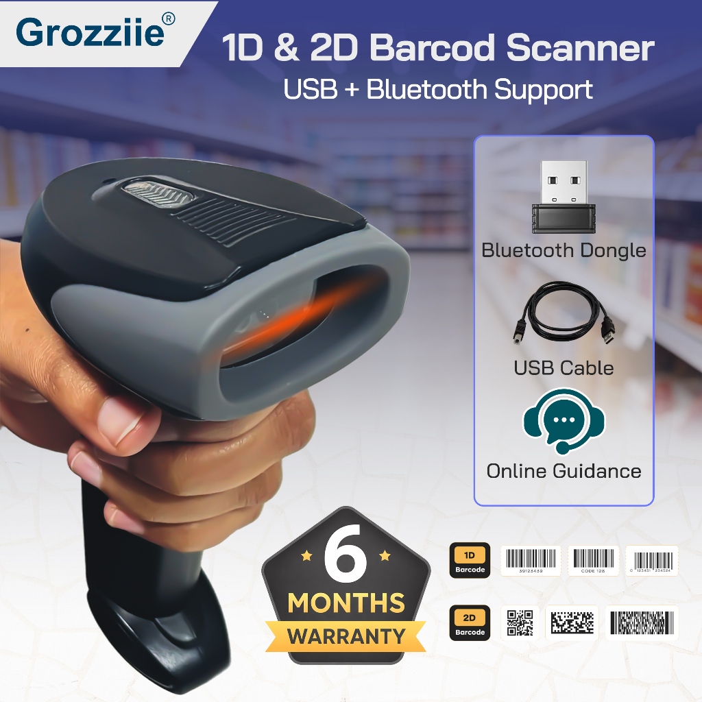 GROZZIIE Wireless 1D & 2D Barcode Scanner | DSP Chip | Handheld QR Scanner for POS | 2.4GHz & USB
