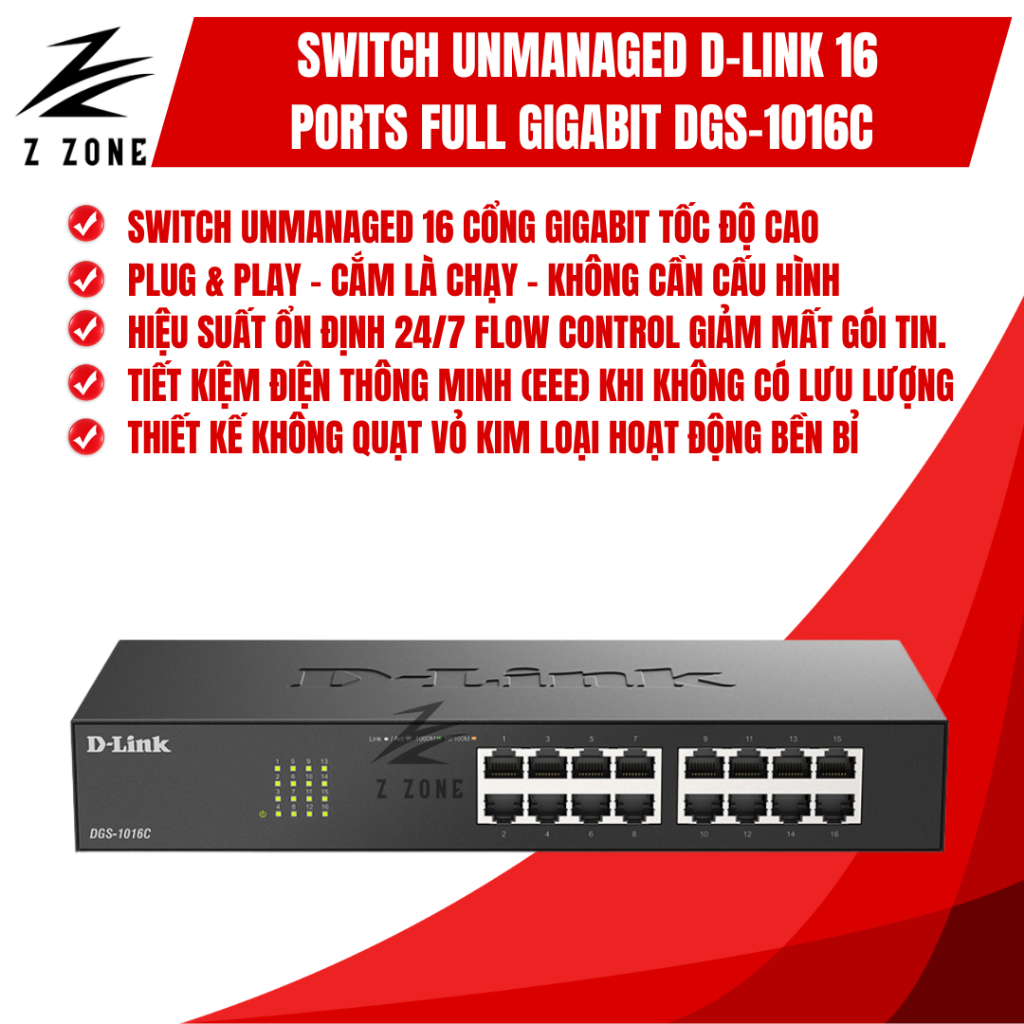 Bộ Chia Mạng Switch Unmanaged Gigabit D-Link DGS-1016C 16 Cổng 1000M, Vỏ Kim Loại