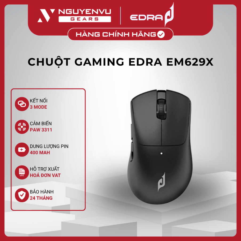 [Full VAT] Chuột Gaming EDRA EM629X Triple Mode - Siêu nhẹ 59g - Cảm biến PAW 3311 - BH 24 Tháng