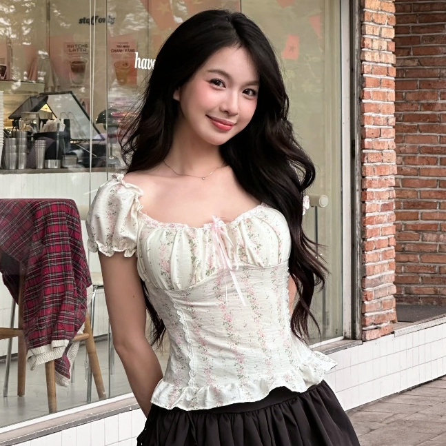 Áo Babydoll Kiểu Nữ Dáng Cotteque Tay Bồng Hoa Nhí Mùa Hè Noiree - NA616