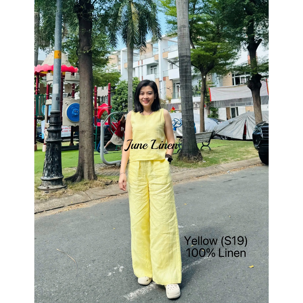 Bộ Linen tưng premium quần ống 30 lưng thun mix áo sát nách. JUNE LINEN S19.
