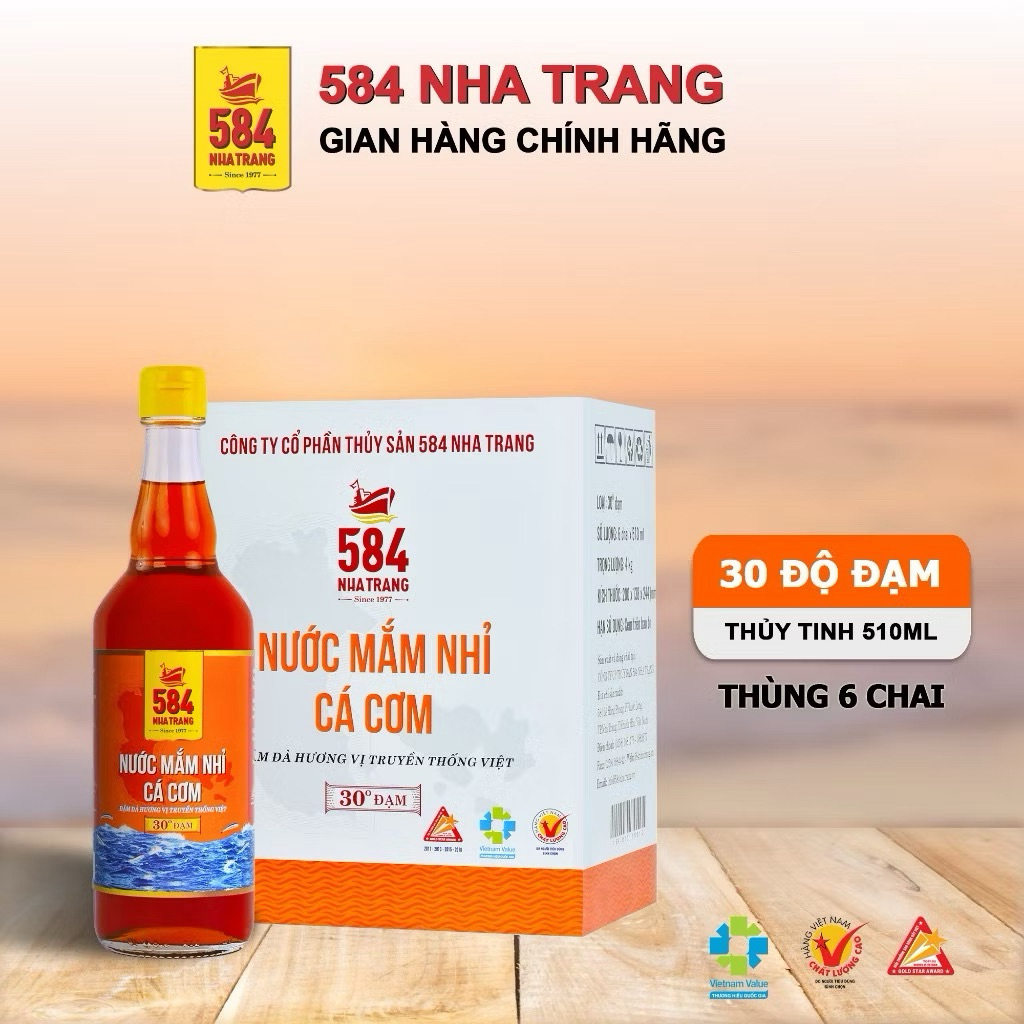 Nước mắm 584 Nha Trang 30 độ đạm - Nước mắm truyền thống chai thuỷ tinh 500ml (Thùng 6 chai)