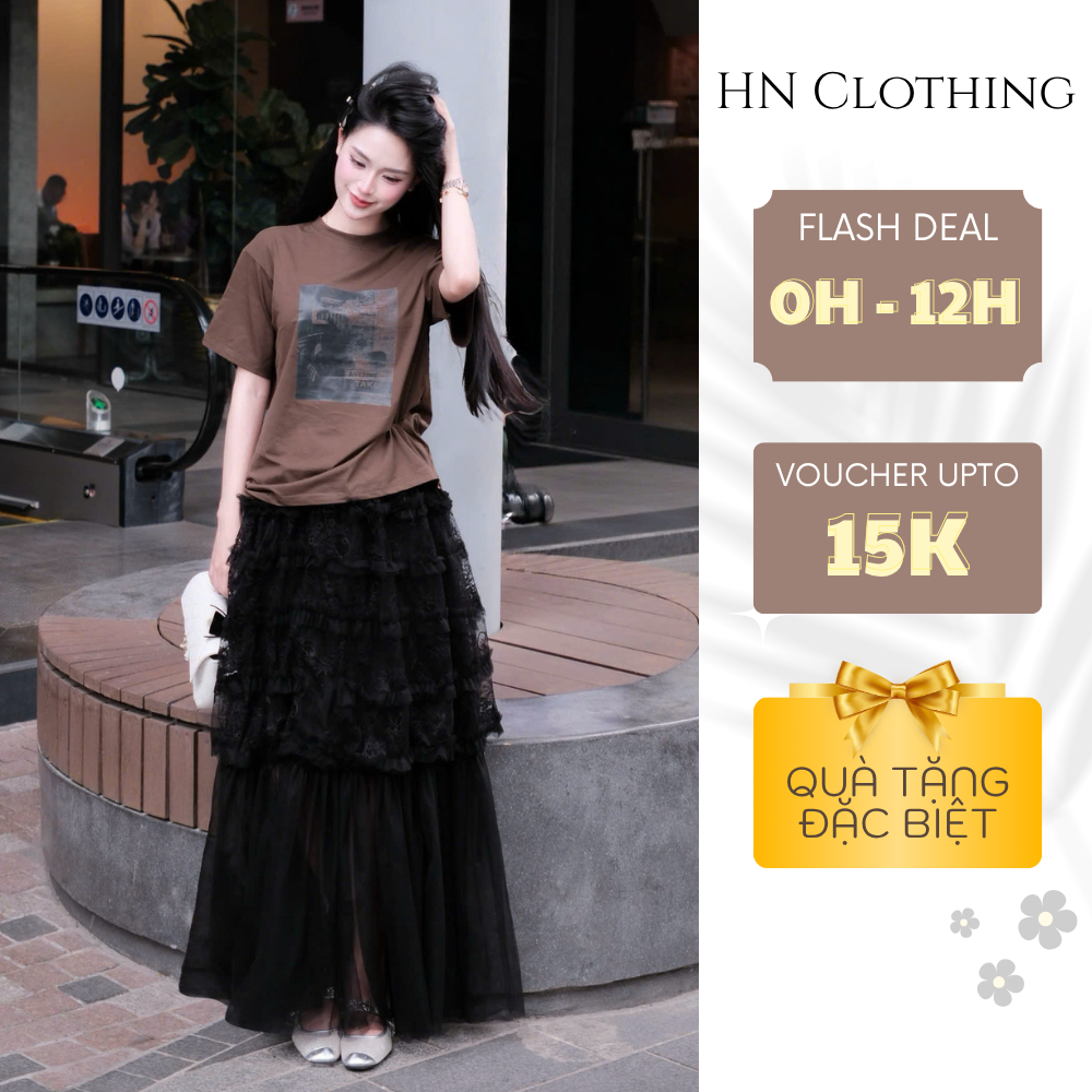 Set áo thun nữ form rộng phối chân váy dài tầng voan xòe phong cách Hàn Quốc HN Clothing S158