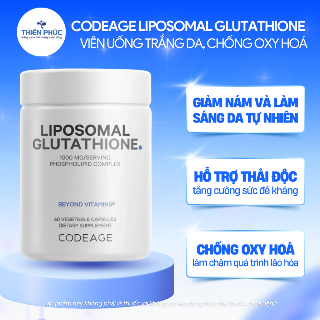 Viên uống hỗ trợ sáng da, mờ nám tàn nhang Liposomal Glutathione 1000mg -  Codeage (60 viên)