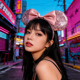 Kẹp tóc tai chuột Minnie hồng nhạt sequin, băng đô tai chuột Disney với nơ satin, phụ kiện tóc thời trang cho nữ, đi chơ