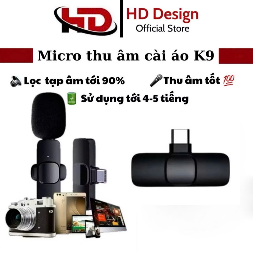 Micro thu âm không dây cài áo  K9, - Khử Tiếng Ồn Cao Cấp - Khoảng Cách 20m - Chính Hãng HD DESIGN