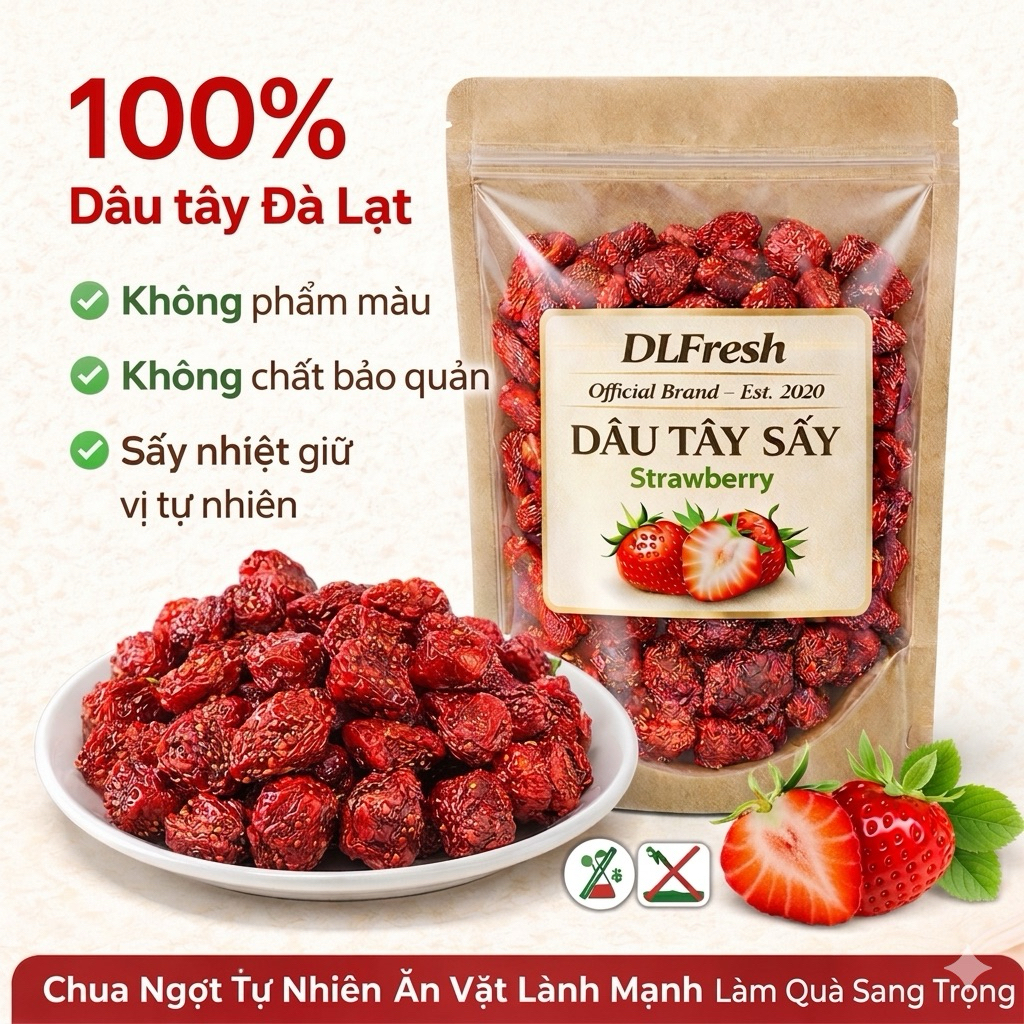 Dâu Tây Sấy Dẻo Đà Lạt DLFresh - Trái Cây Sấy Dẻo Ăn Kiền, Healthy, Giữ Trọn Vị Chua Ngọt Tự Nhiên
