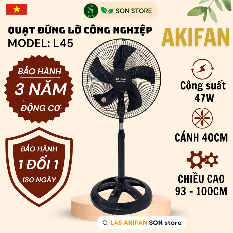 Quạt Lửng AKIFAN Công Nghiệp L45 - 5 Cánh Cao Cấp Cỡ Lớn🔸47W - Cao 93 -100cm - Bảo Hành 3 Năm Động Cơ