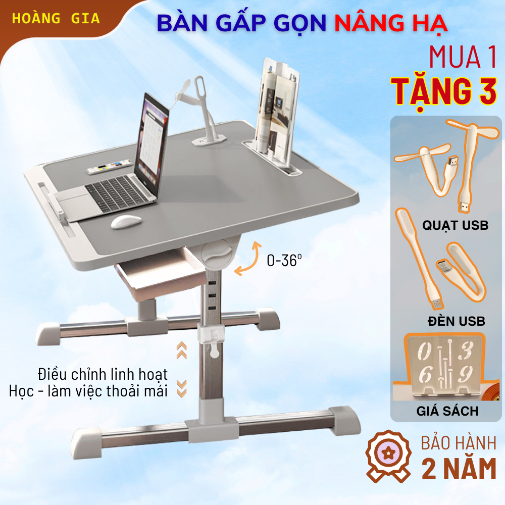 Bàn sinh viên gấp gọn có giá sách, ổ cắm usb, ngăn kéo, khay chống trượt, Bàn laptop ngồi giường nâng hạ thông minh