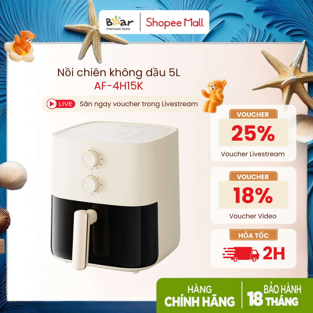[Bear Premium] Nồi Chiên Không Dầu 5L Bear QZG-J15M1 (AF-4H15K) | 1500W - Cửa Kính Trong Suốt - Khôn