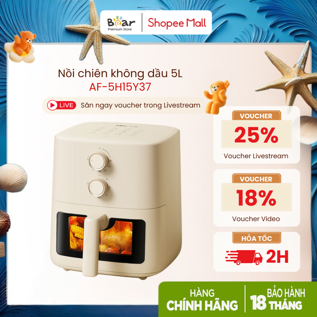 [Bear Premium] Nồi Chiên Không Dầu 5L Bear QZG-H15U8 (AF-5H15Y37) | 1500W - Màn Hình Hiển Thị Cảm Ứn