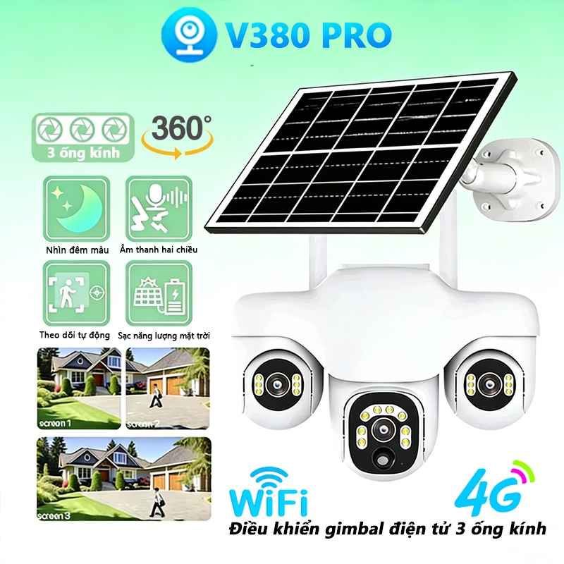 Camera 3 mắt Năng lượng mặt trời camera ngoài trời 4G Camera 360 độ, đàm thoại 2 chiều, Báo Động Chu