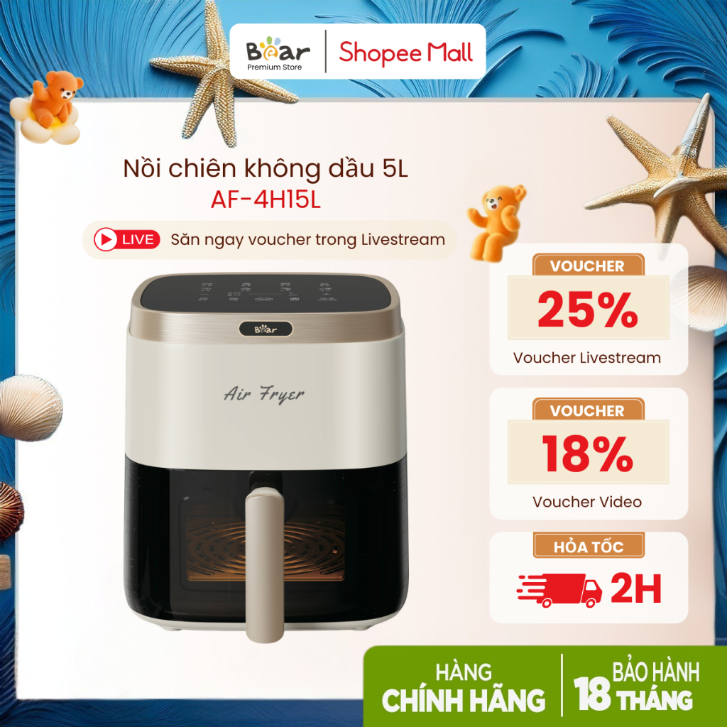 Nồi Chiên Không Dầu 5L Bear QZG-P15R8 (AF-4H15L) / QZG-H16K5 (AF-4H16K) | Màn Hình Cảm Ứng - Cửa Kín