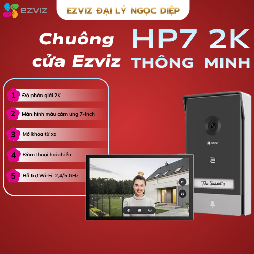 Chuông cửa Ezviz HP7 2K , Tích hợp màn hình thông minh 7 inch, mở khóa từ xa, Bảo hành 2 năm