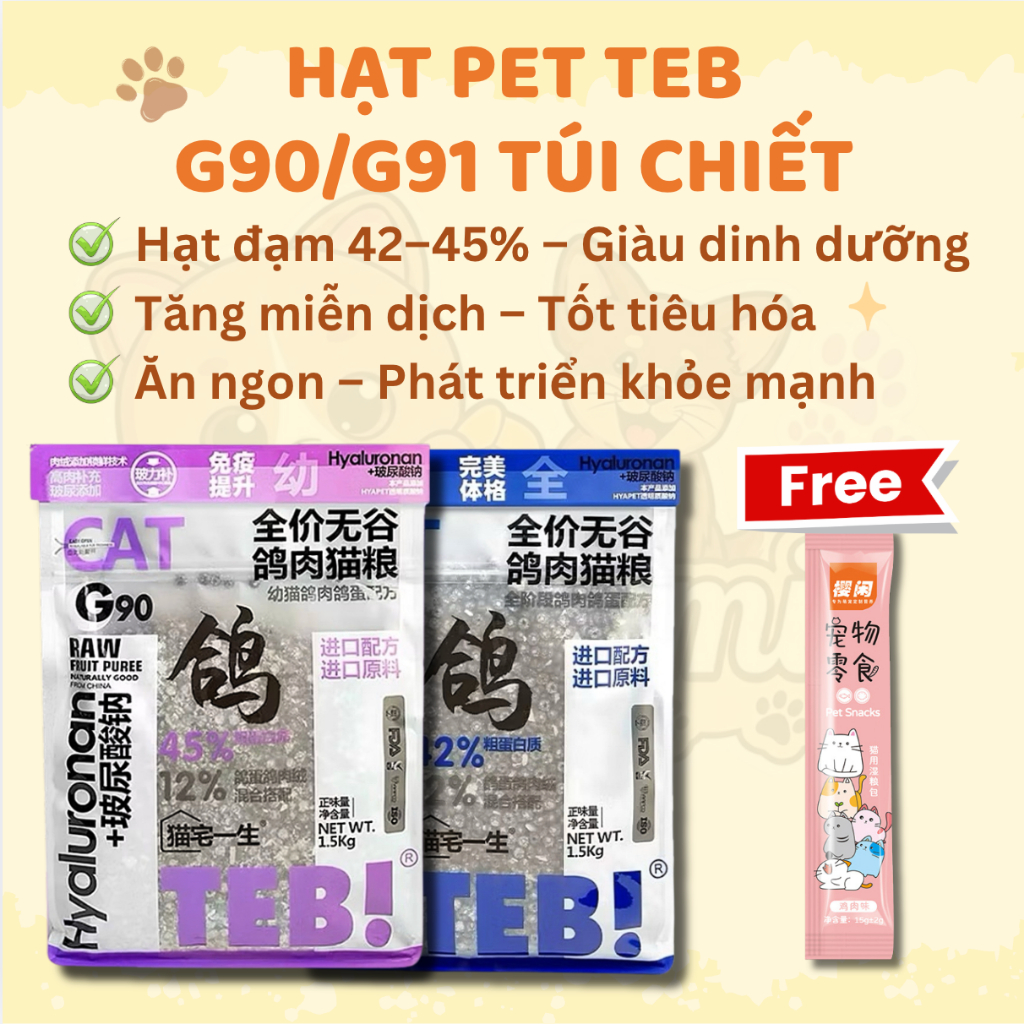 Hạt Mèo TEB G90/G91 Túi Chiết – Thức Ăn Mèo Cao Cấp Không Ngũ Cốc – Đạm Cao 42–45%, Tăng Miễn Dịch, 