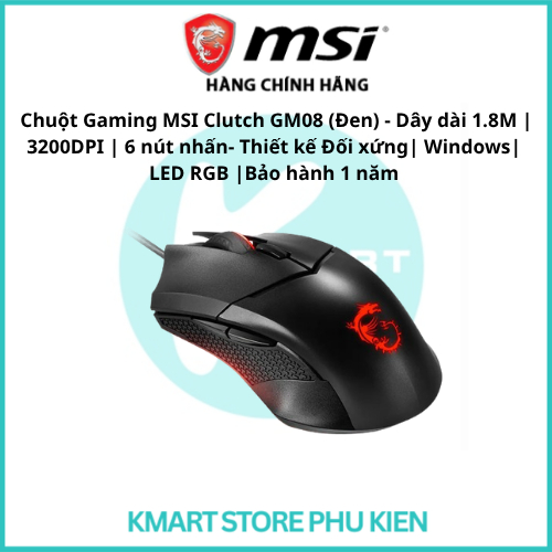Chuột Gaming MSI Clutch GM08 (Đen) - Dây dài 1.8M | 3200DPI | 6 nút nhấn- Thiết kế Đối xứng| Windows