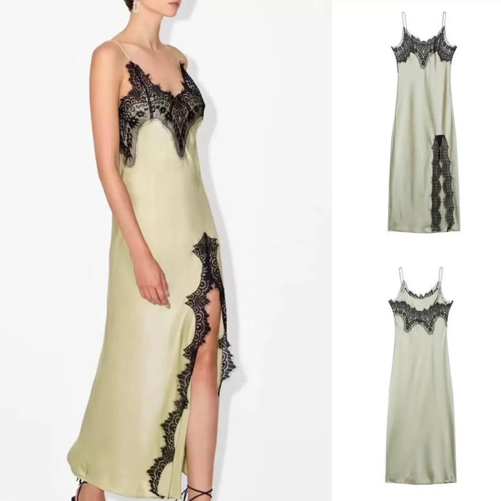 ĐẦM LỤA HAI DÂY PHỐI REN XANH DÁNG DÀI MAXI ZARA XUẤT