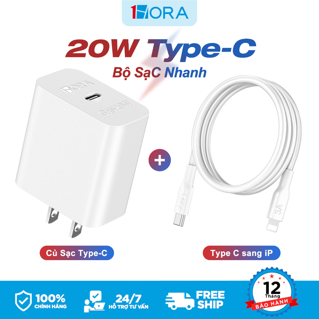 Bộ sạc PD 20W 1HORA Củ sạc nhanh 20W chính hãng cho Phone14 13 12 11 XMax PMax Sạc nhanh chính hãng