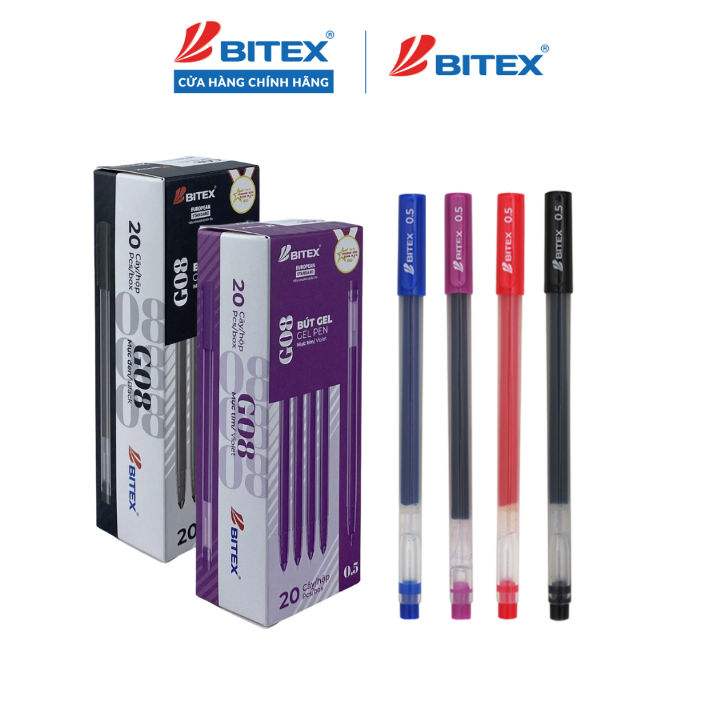 (Combo 2 cây) Bút gel Bitex G08 mực xanh / đỏ / đen / tím 0.5mm