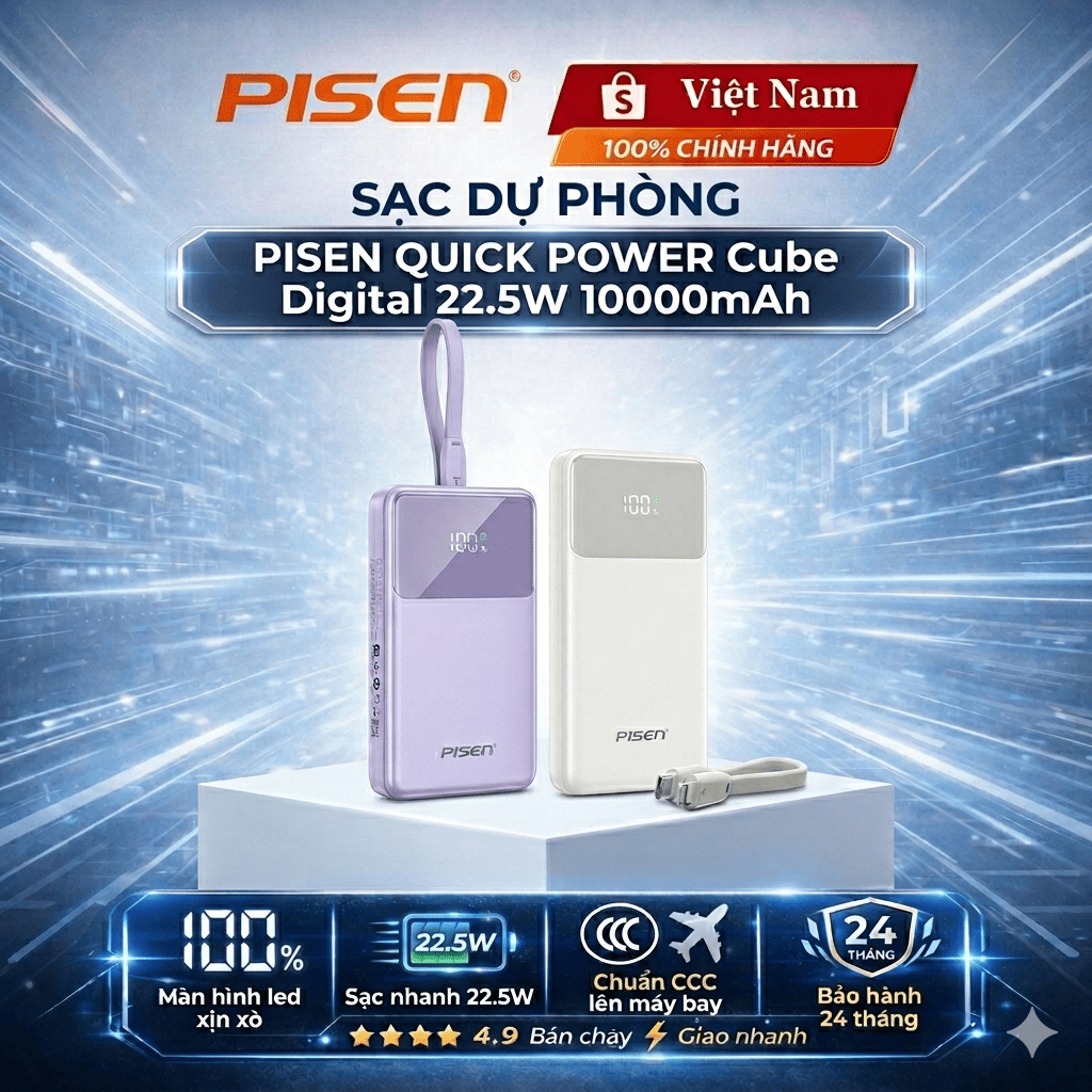 [Hỏa tốc] Sạc dự phòng PISEN QUICK Power Cube (LC) Digital 22.5W 10000mAh/20000mAh , sạc nhanh, an t