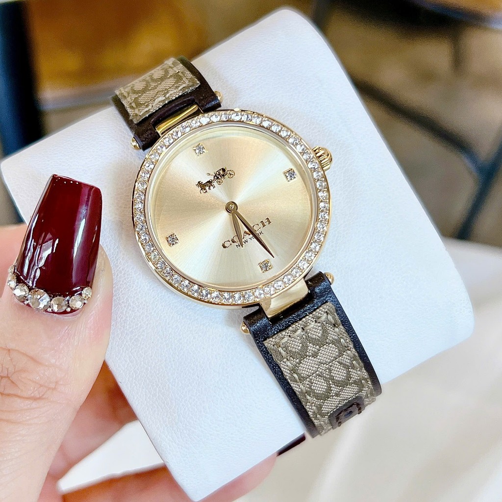 Đồng Hồ Nữ Dây Da Nâu Be Mặt Vàng Viền Đá Size 34mm - Quartz Japan