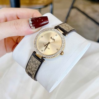 Đồng Hồ Nữ Dây Da Nâu Be Mặt Vàng Viền Đá Size 34mm - Quartz Japan