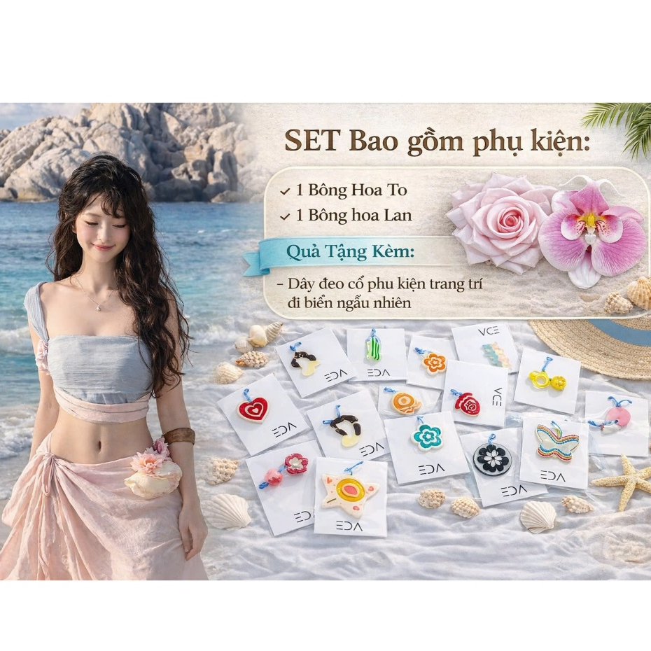 EDA - SET Bikini Đi Biển Áo Croptop Cao Cấp Phối Chân Váy Dài Cao Cấp Đính Hoa Phụ Kiện Xanh Hồng EDA Boutique | BigBuy360 - bigbuy360.vn