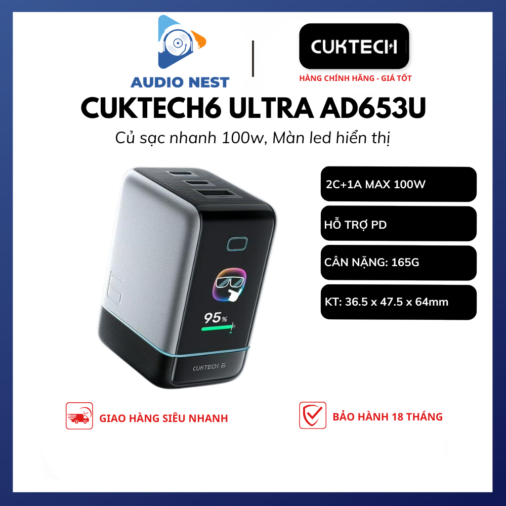 Củ sạc Cuktech 6 Ultra 100W AD653U 3 cổng - Bảo Hành 18 Tháng