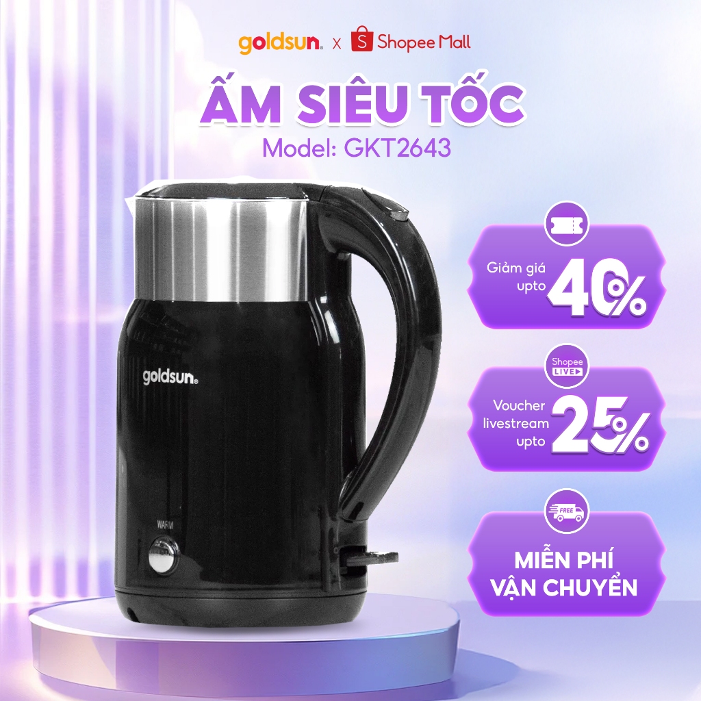 Ấm siêu tốc inox 304 Goldsun GKT2643 1.8L, công suất 1800W có chế độ giữ ấm [BẢO HÀNH 12 THÁNG]