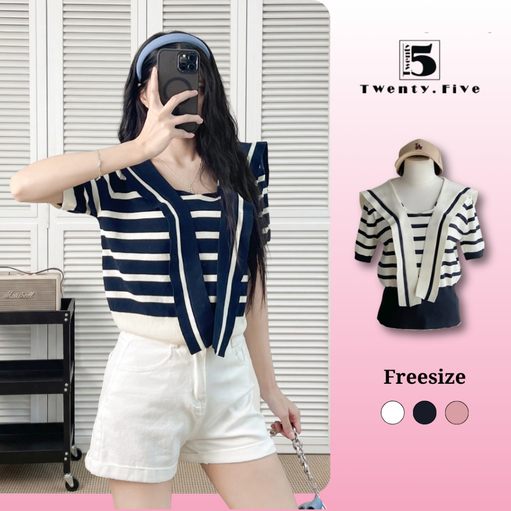 Áo nữ 6259 Twentyfive Fashion – Áo kiểu kẻ ngang, vạt thủy thủ phong cách Hàn Quốc thanh lịch