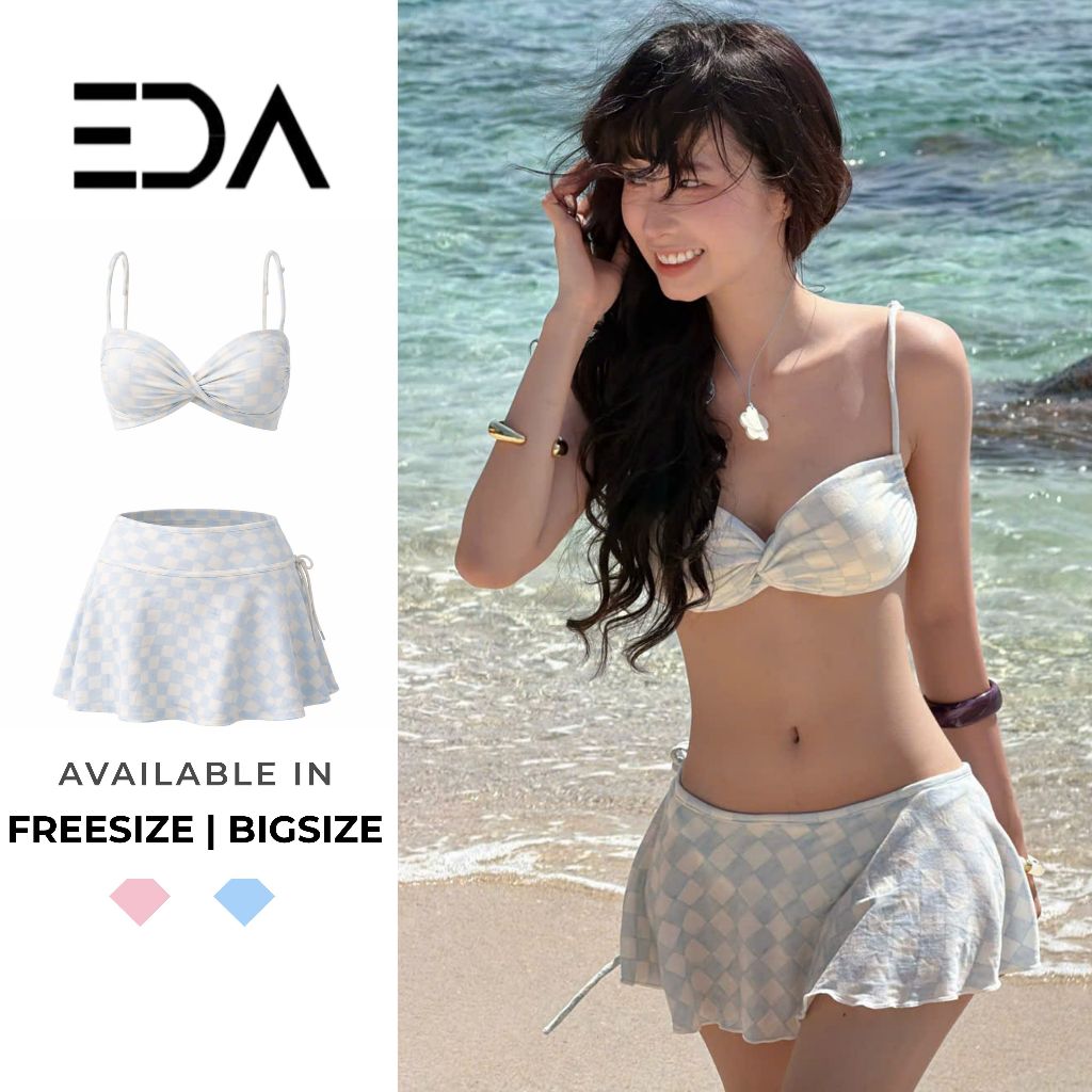(Tặng Dây Cổ) Set Bikini Nữ Caro EDA Boutique Cúp Ngực Xoắn Ngực Kèm Chân Váy – Bikini Đi Biển 2 Màu
