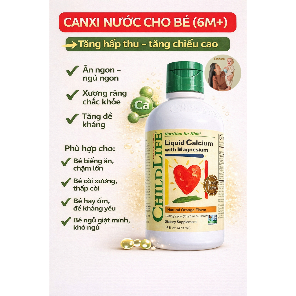 CANXI NƯỚC CHO BÉ – LIQUID CALCIUM WITH MAGNESIUM Hàng Mỹ Embott