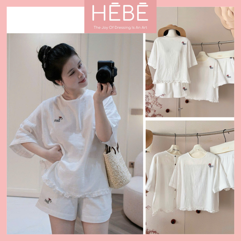 Set bộ nữ Oliver vải thô đũi thêu ngựa trẻ trung năng động, Bộ đồ nữ áo cộc tay kèm quần short cạp chun thời trang HEBE