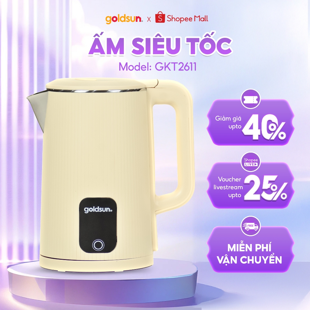 Ấm Siêu Tốc 2 Lớp Cách Nhiệt Goldsun Dung Tích 1.8L Đun Siêu Tốc Tự - Ngắt Khi Sôi - GKT2611
