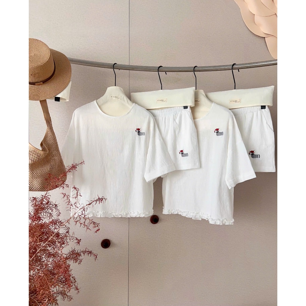 Set bộ nữ Oliver vải thô đũi thêu ngựa trẻ trung năng động, Bộ đồ nữ áo cộc tay kèm quần short cạp chun thời trang HEBE | BigBuy360 - bigbuy360.vn