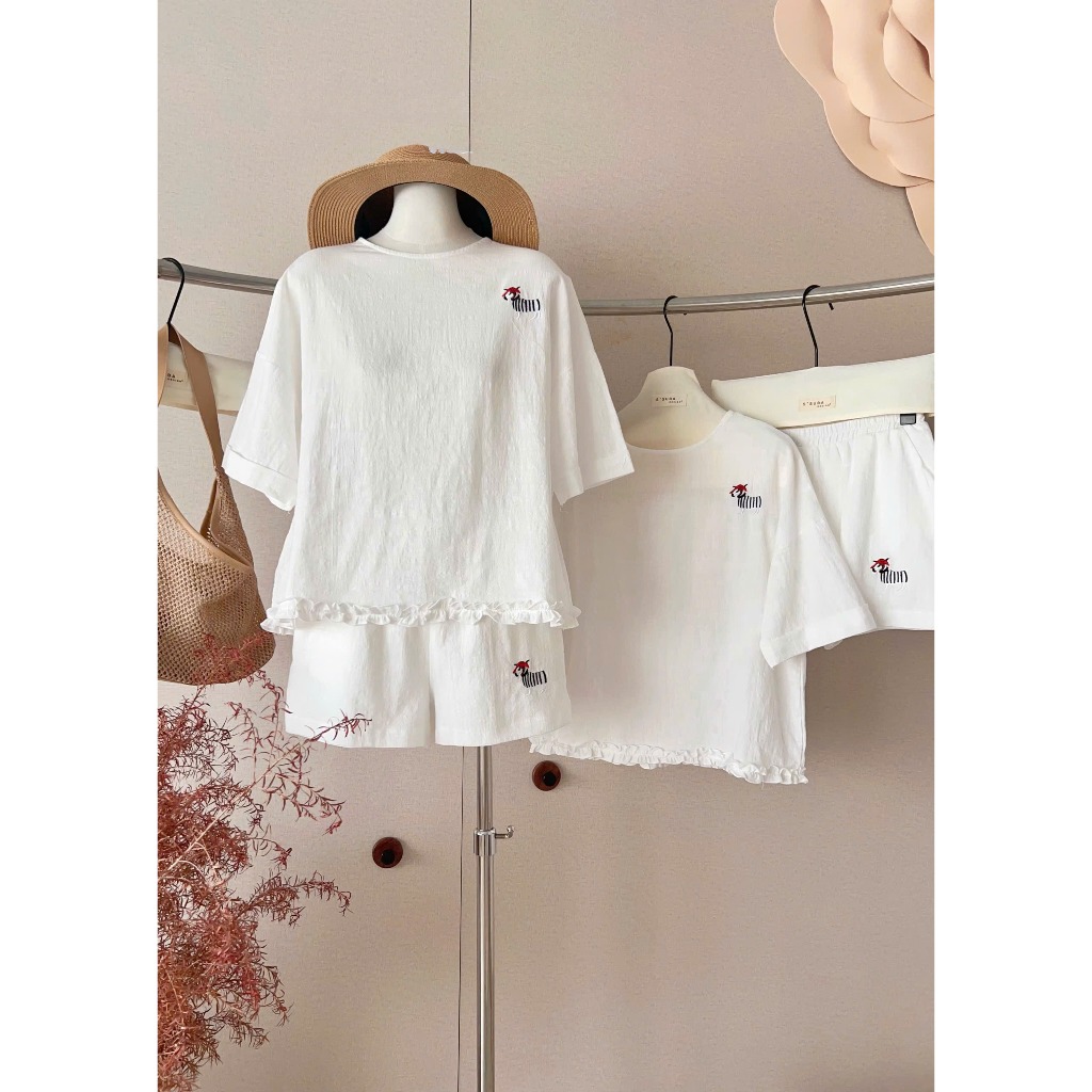 Set bộ nữ Oliver vải thô đũi thêu ngựa trẻ trung năng động, Bộ đồ nữ áo cộc tay kèm quần short cạp chun thời trang HEBE | BigBuy360 - bigbuy360.vn