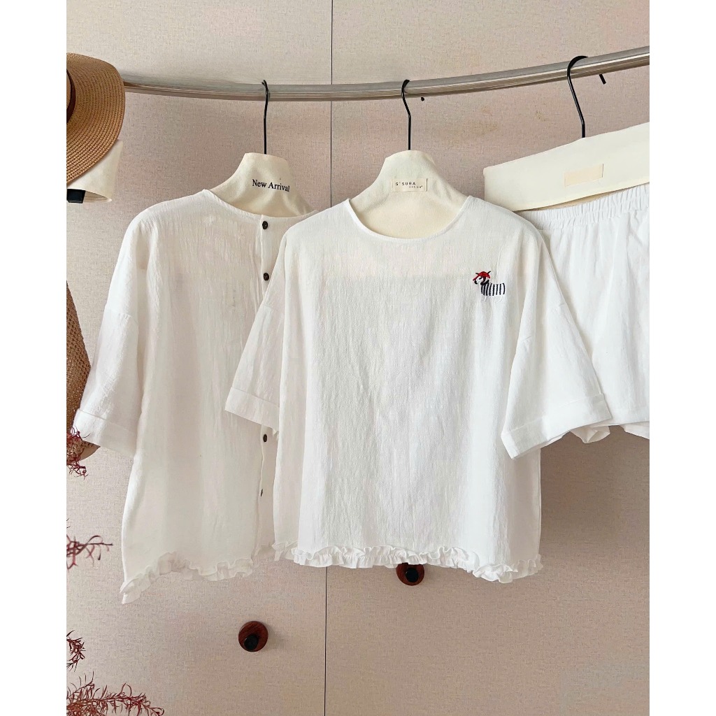 Set bộ nữ Oliver vải thô đũi thêu ngựa trẻ trung năng động, Bộ đồ nữ áo cộc tay kèm quần short cạp chun thời trang HEBE | BigBuy360 - bigbuy360.vn