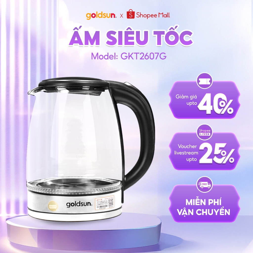 Ấm siêu tốc GKT2607G thủy tinh Borosilicate cao cấp 1.8L - Bình đun siêu tốc thủy tinh cao cấp Golds
