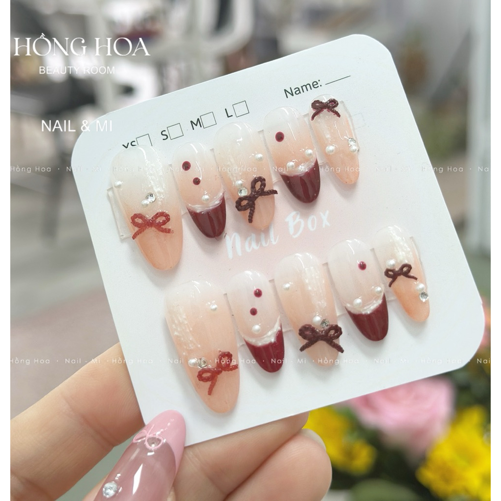 H56 Nailbox thiết kế thạch đào gắn đỏ gắn nơ ngọc trai tiểu thư